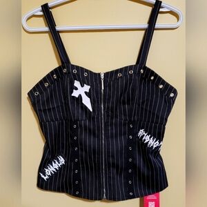 Pinstripe Punk Goth Corset Top with Cross & Patches Sz M NWT